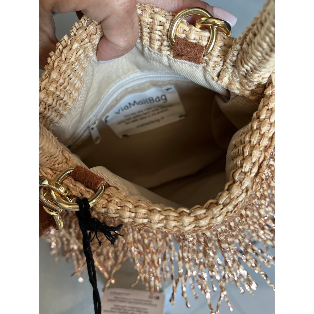 ViaMailBag Italy Rose Gold Glitter Fringe Straw Bucket Bag Boho Summer Festival - Picture 7 of 16